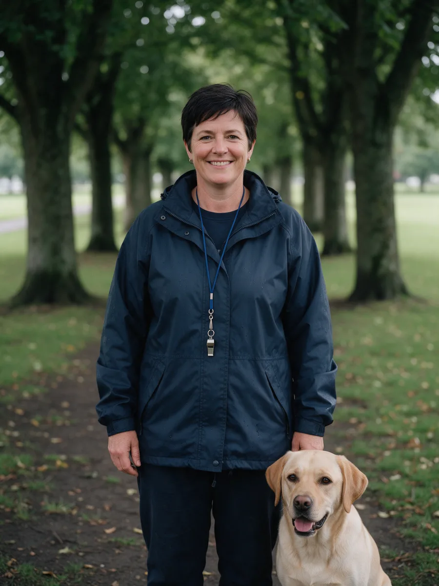 Sioned Harries, a woman in her mid-forties with short dark hair in a navy waterproof with a whistle on a lanyard, a labrador sitting beside her in a park