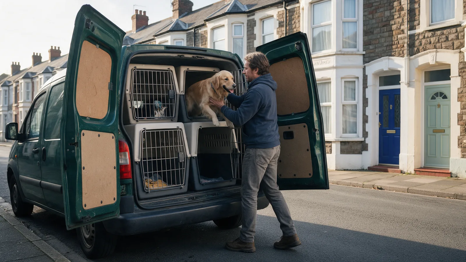 A small dark green van with its rear doors open showing dog crates, a walker lifting a golden retriever in, on a Victorian terraced street