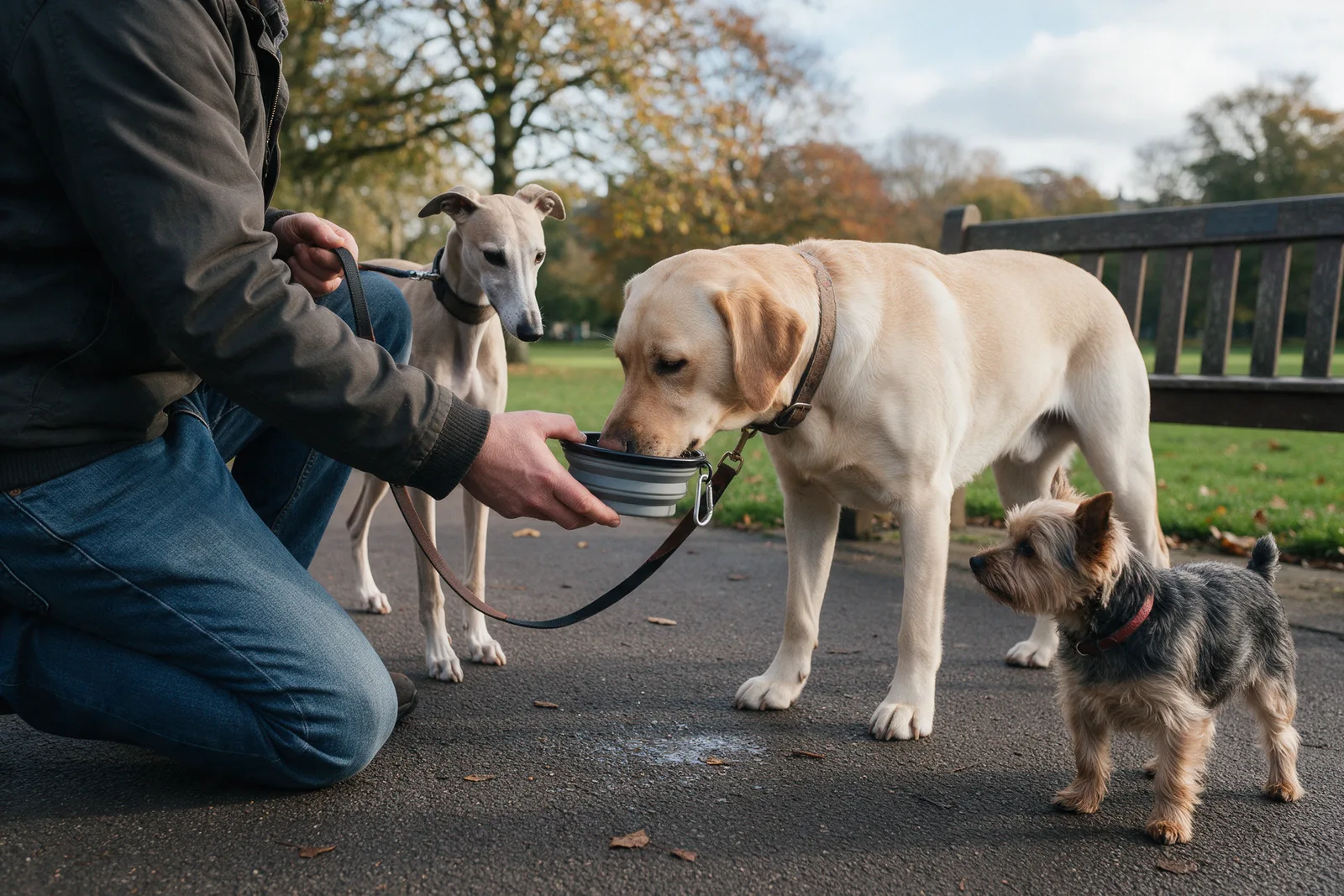 A labrador drinking from a travel bowl held by a kneeling dog walker while a whippet and a terrier wait on a park path