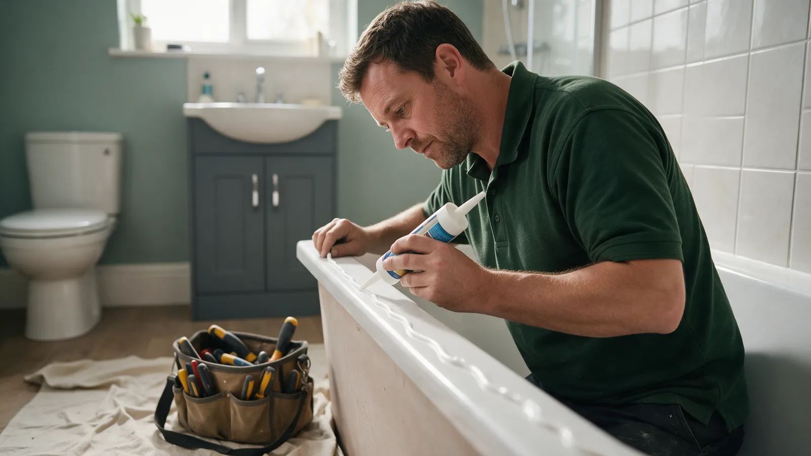 A fitter in a dark green polo shirt running a fresh bead of white silicone along a bath edge in a finished bathroom, a toolbag on a dust sheet