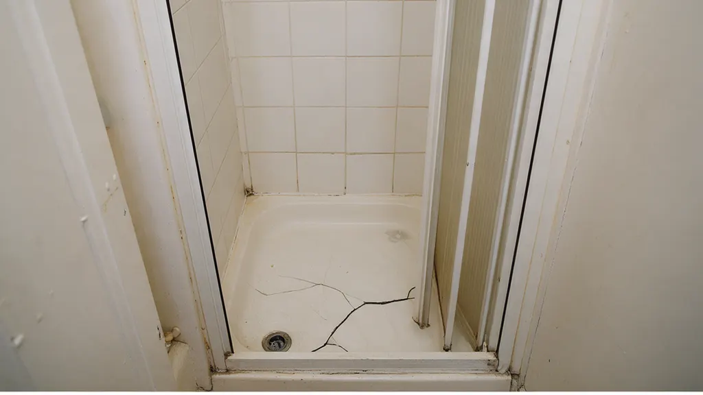 The same space before: a cramped shower cubicle with a cracked tray and a folding door