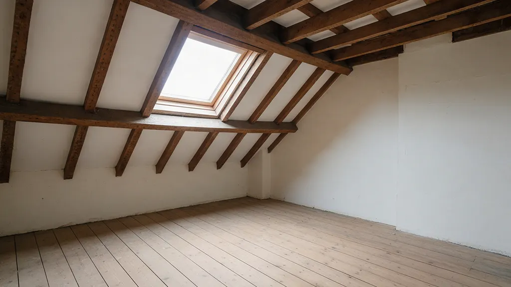 The same loft space before: bare boards, a skylight and exposed timber