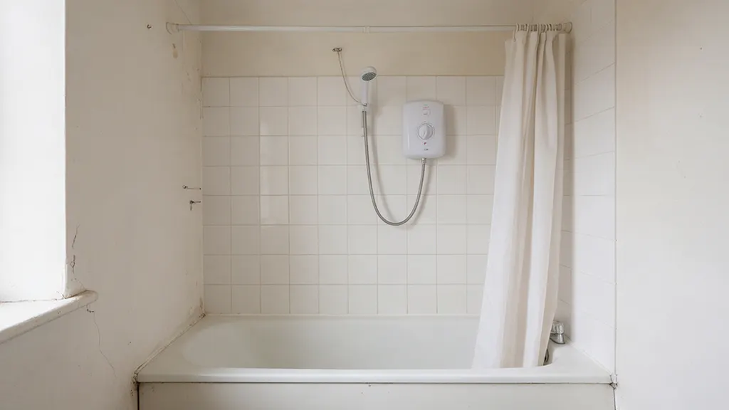 The same bathroom before: a white bath with an electric shower over it and a curtain