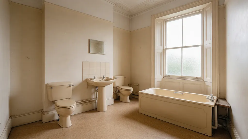 The same bathroom before: a dated beige suite and lino in a high-ceilinged room