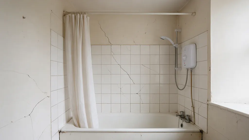 The same bathroom before: an electric shower over the bath with a shower curtain and cracked tiles