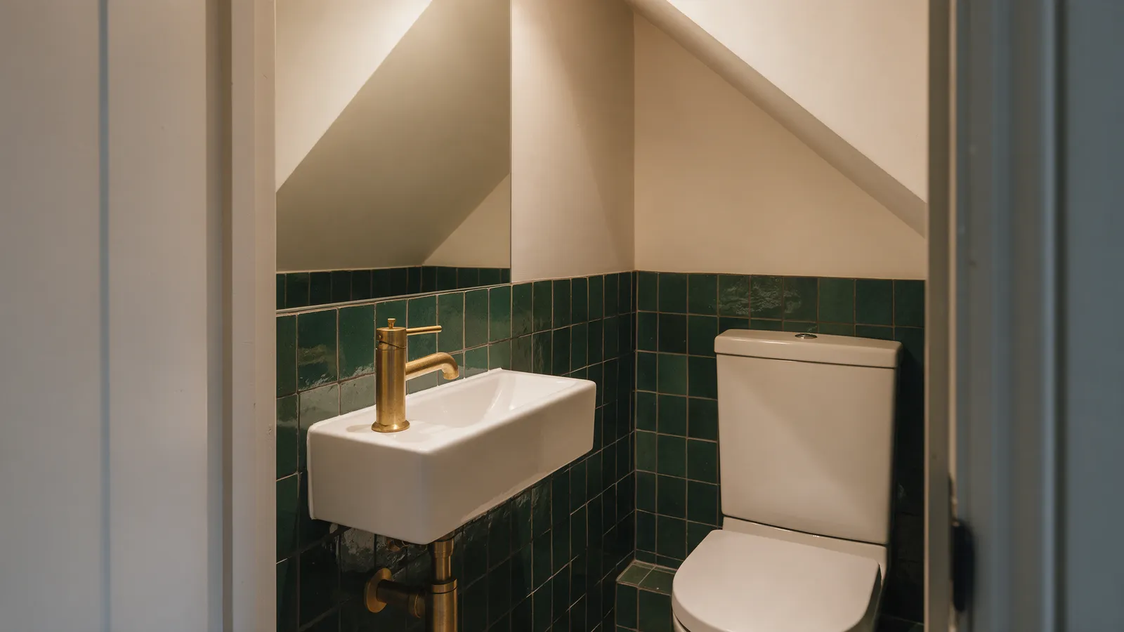 The finished cloakroom with a compact wall-hung basin, a concealed cistern toilet and dark green wall tiles