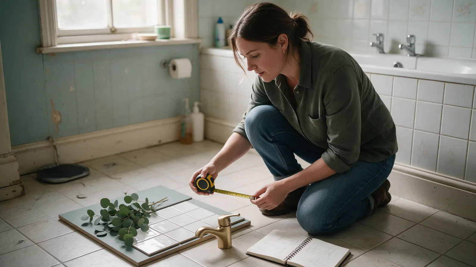 A designer kneeling with a tape measure in a dated bathroom, a sample board of eucalyptus and white tiles and a brass tap on the floor beside her