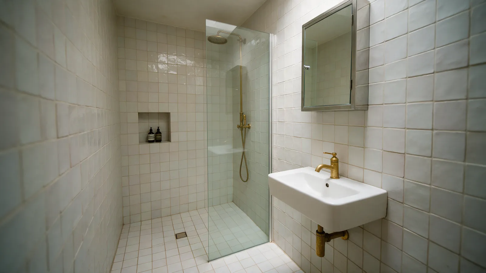 A compact en-suite with a walk-in shower behind clear glass, pale porcelain tiles, a wall-hung basin with a brass tap and a mirror cabinet
