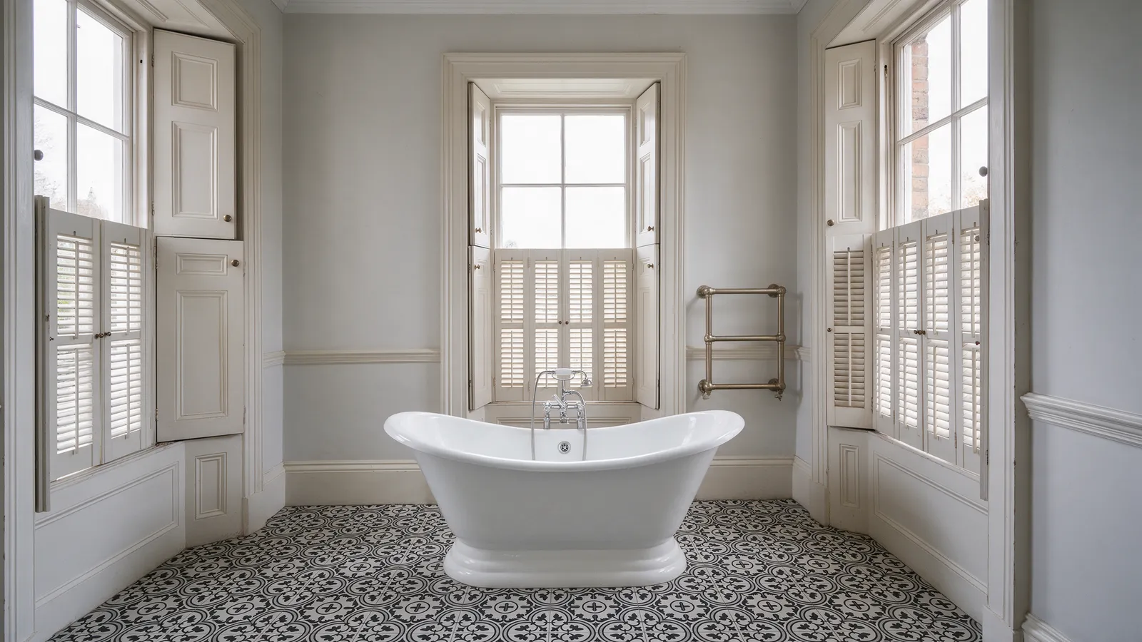 A Victorian bathroom with a freestanding roll-top bath, black and white floor tiles and a brass towel rail