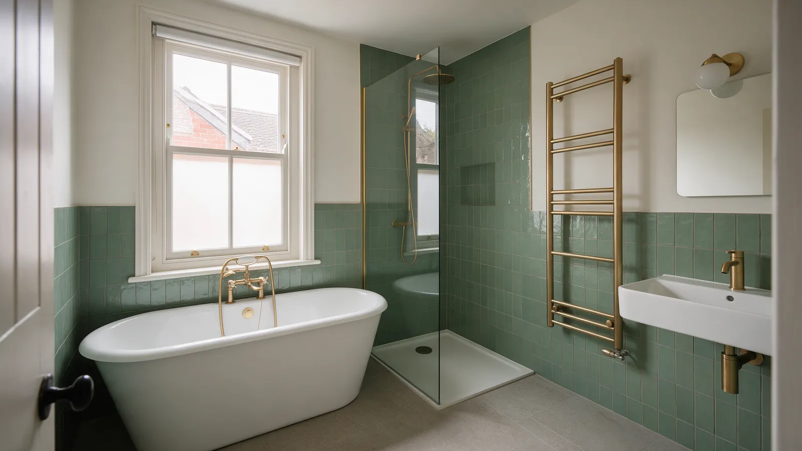 A finished family bathroom with a white bath, a walk-in shower behind a glass screen, eucalyptus green tiles to half height and a brass heated towel rail