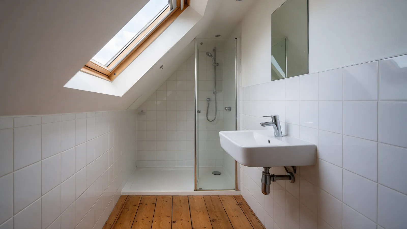 The finished loft en-suite under a sloping ceiling with a skylight, a walk-in shower and white tiles
