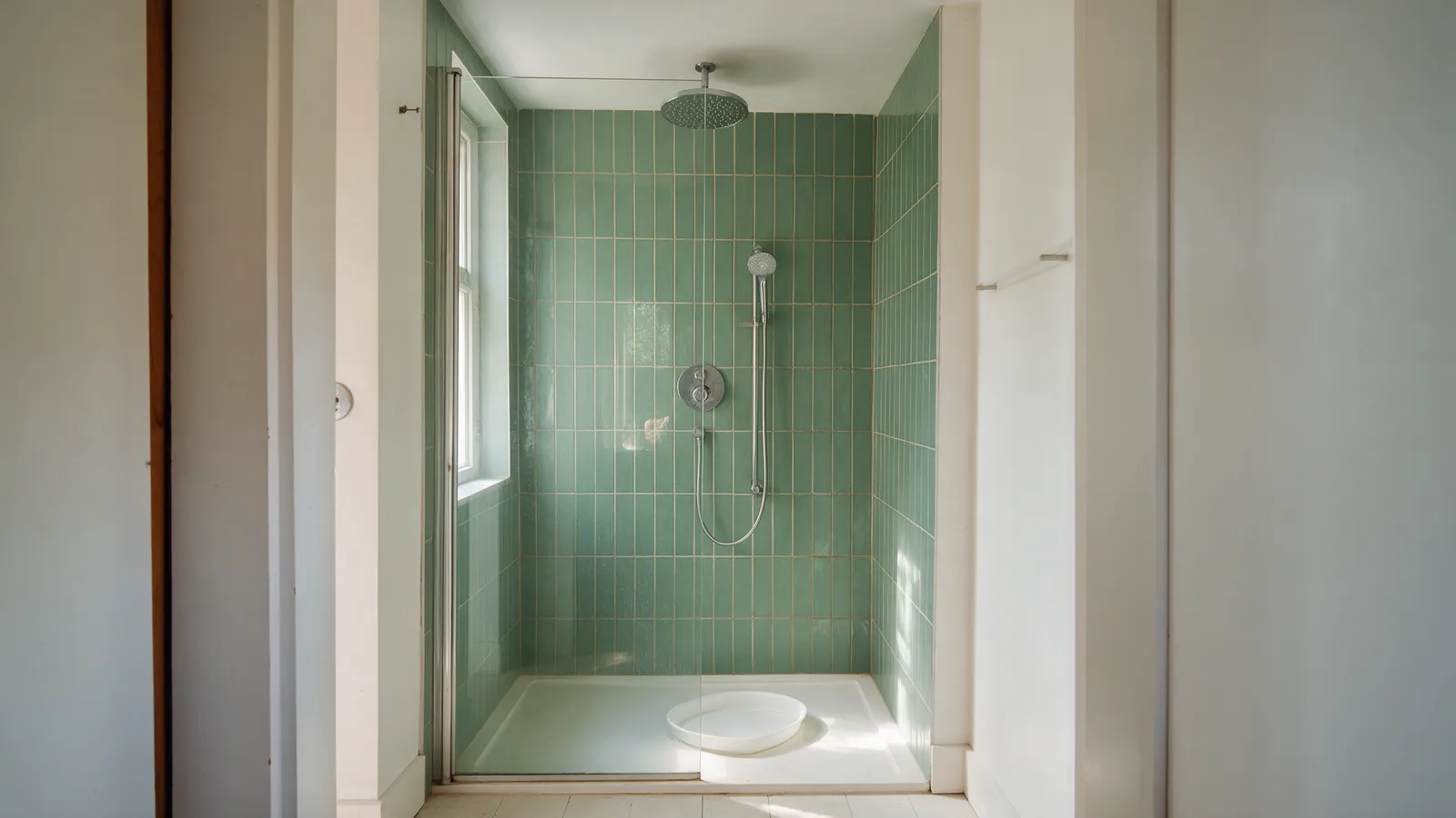 A walk-in shower where a bath used to be, with a large rainfall head, a thermostatic valve, a glass screen and eucalyptus green vertical tiles