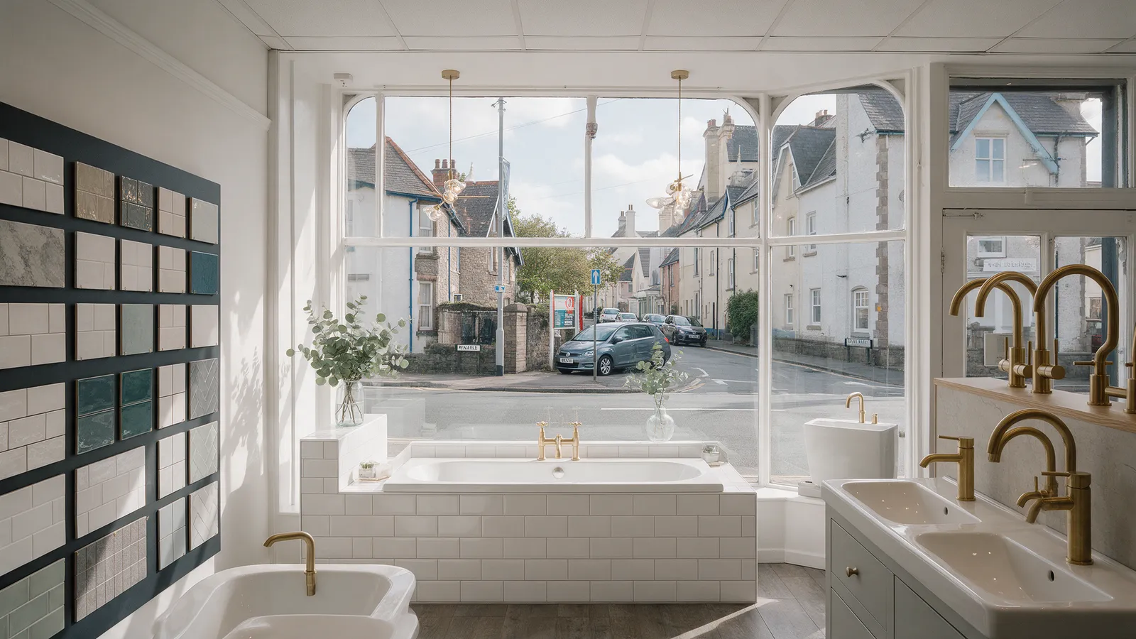A bright bathroom showroom on a Penarth street with full-size bathroom sets and a wall of tile samples