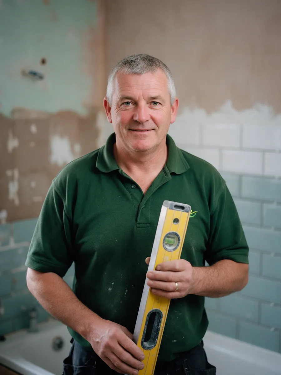 Mark Hopkins, a fitter in his early fifties with short grey hair and a dark green polo shirt, holding a tile spirit level in a half-tiled bathroom
