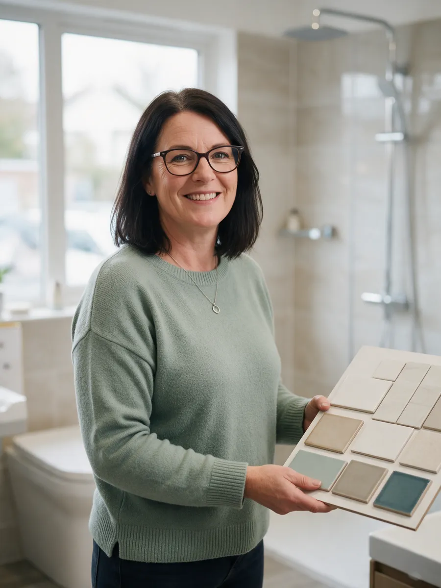 Siân Mathias, a woman in her mid-forties with shoulder-length dark hair and glasses, in a sage green jumper, holding a tile sample board in a bathroom showroom