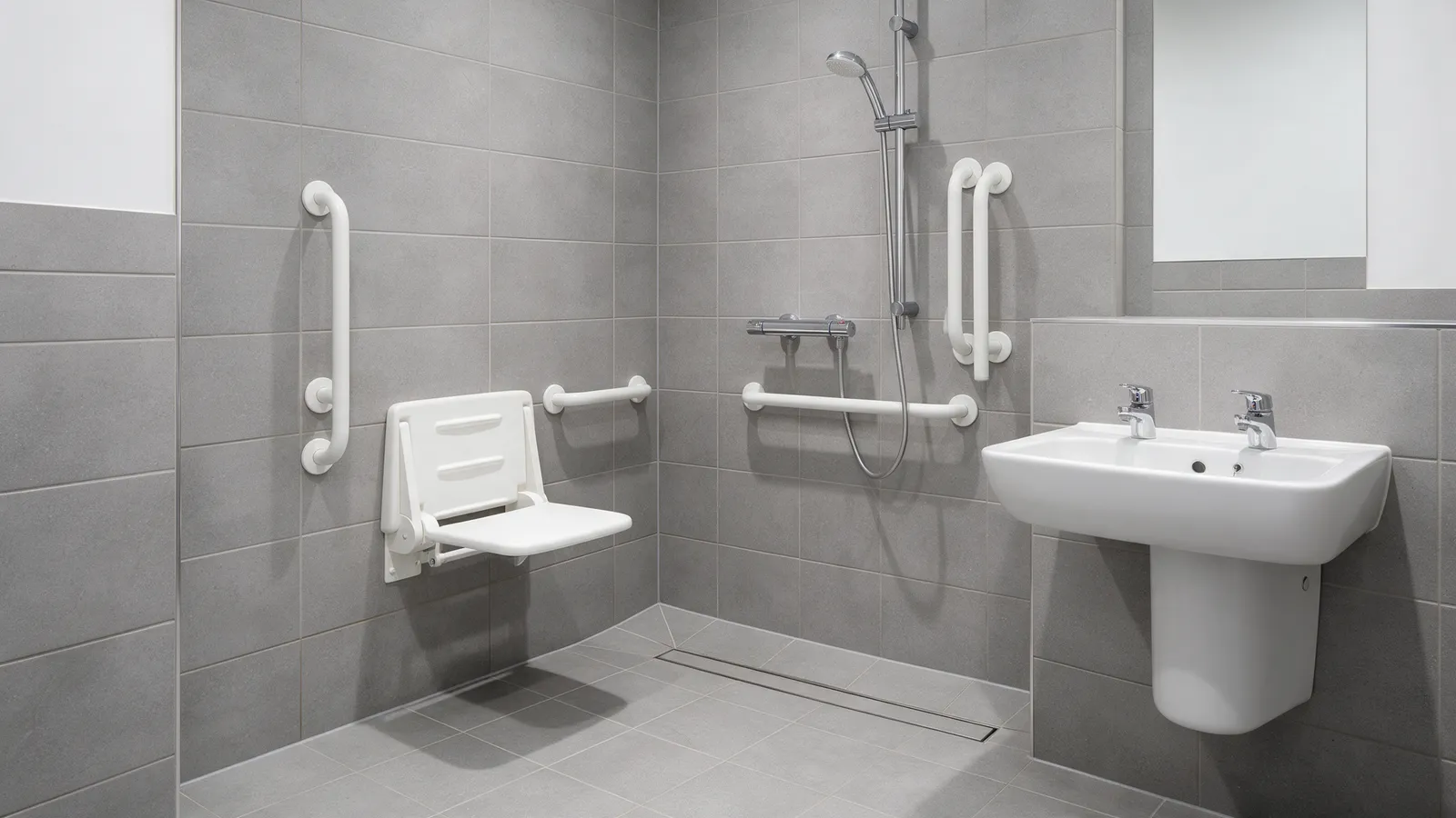 An accessible wet room with a level floor, slip-resistant grey tiles, a fold-down shower seat, white grab rails and a wall-hung basin at seated height