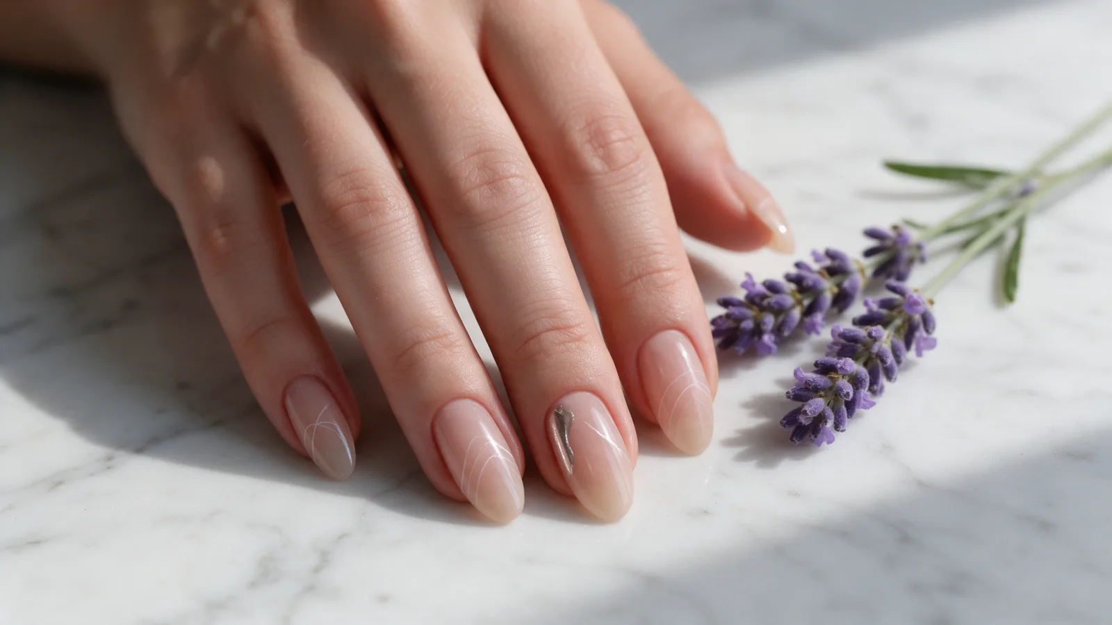 A hand with almond-shaped nails in a sheer nude builder gel with fine white line nail art and a chrome accent nail
