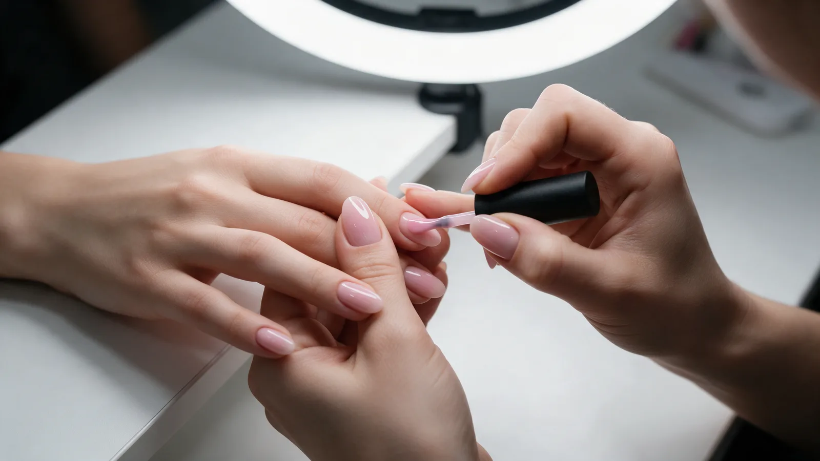 A nail technician applying a glossy milky-pink gel polish to a client's short almond nails under a ring light