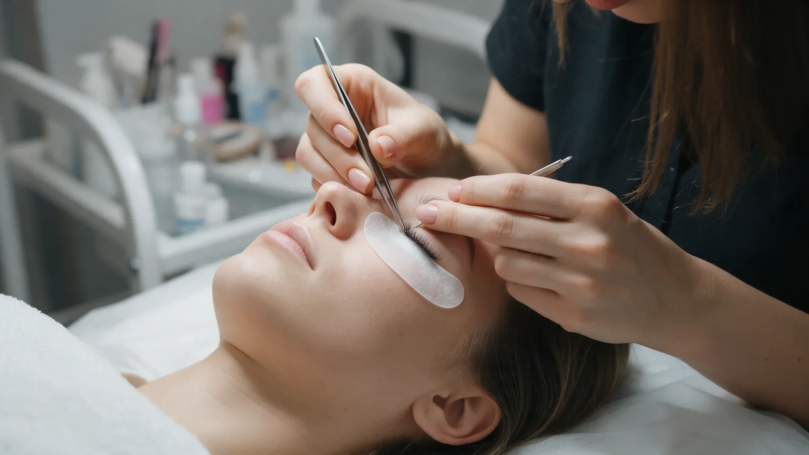 A lash technician applying individual eyelash extensions with fine tweezers to a client lying on a treatment bed