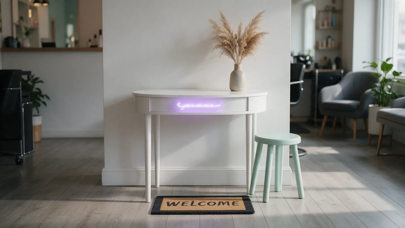 The salon reception: a small white curved desk with a lavender light, dried pampas grass and a mint stool
