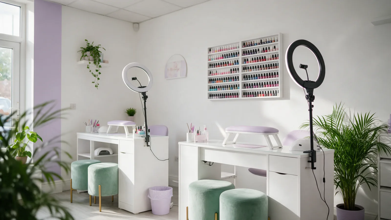 The salon: white walls with lavender accents, two nail desks with ring lights, a wall of polish bottles and mint velvet stools