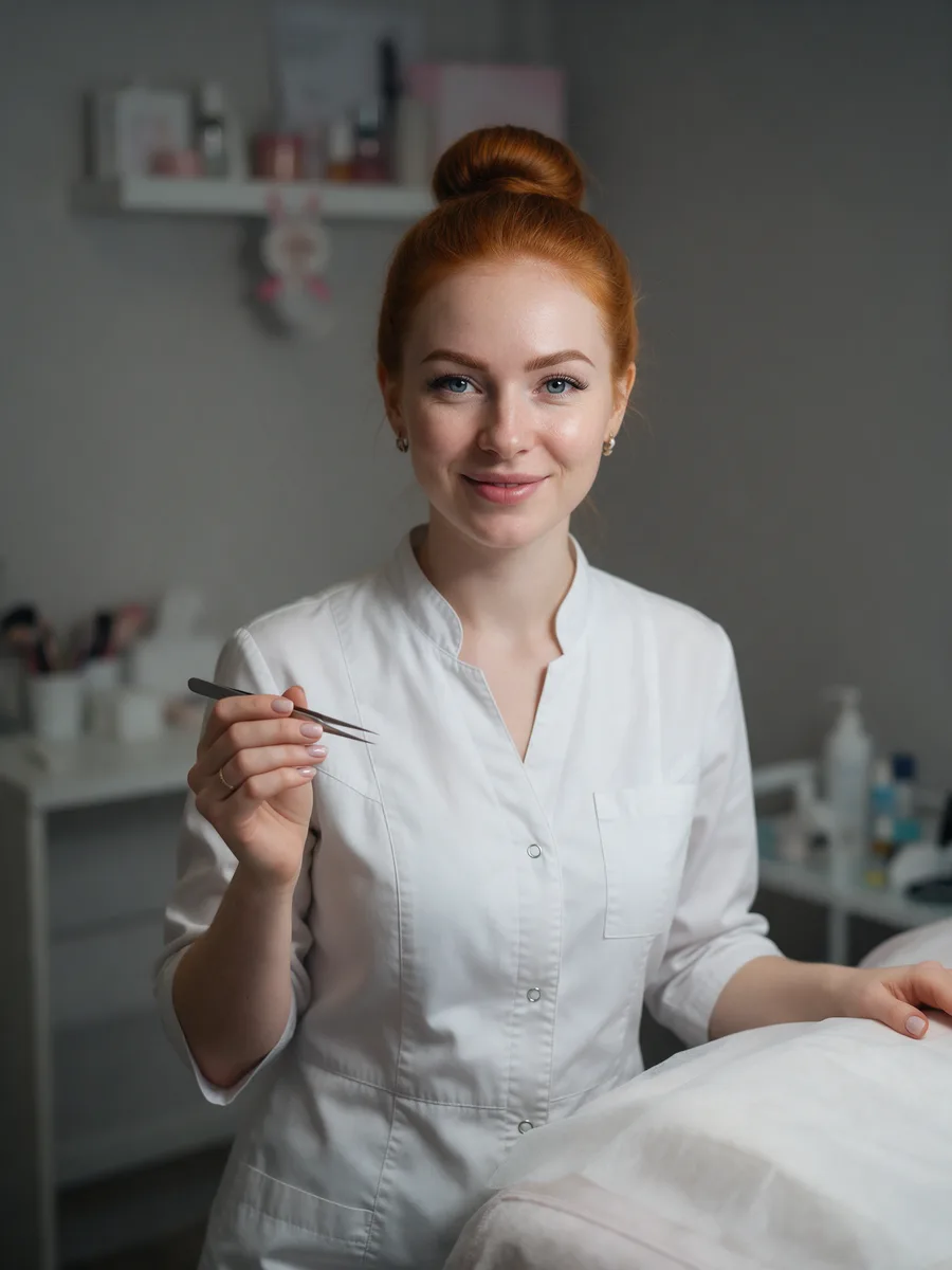 Megan Price holding fine tweezers beside a treatment bed, red hair in a bun