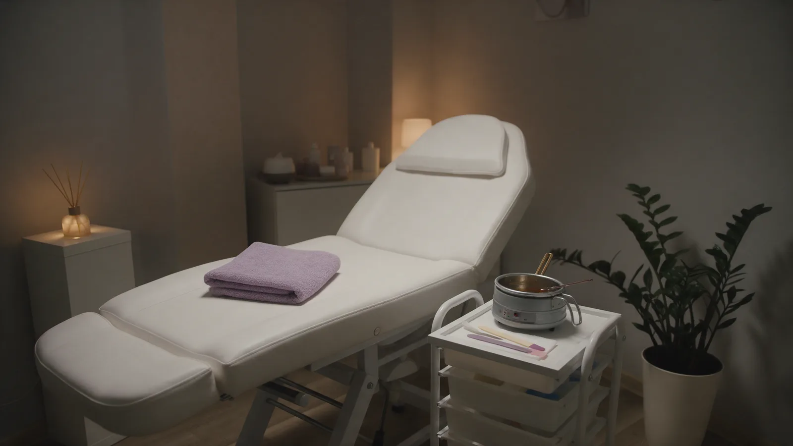 The calm treatment room: a white bed with a folded lavender towel, a wax trolley, a diffuser and a plant