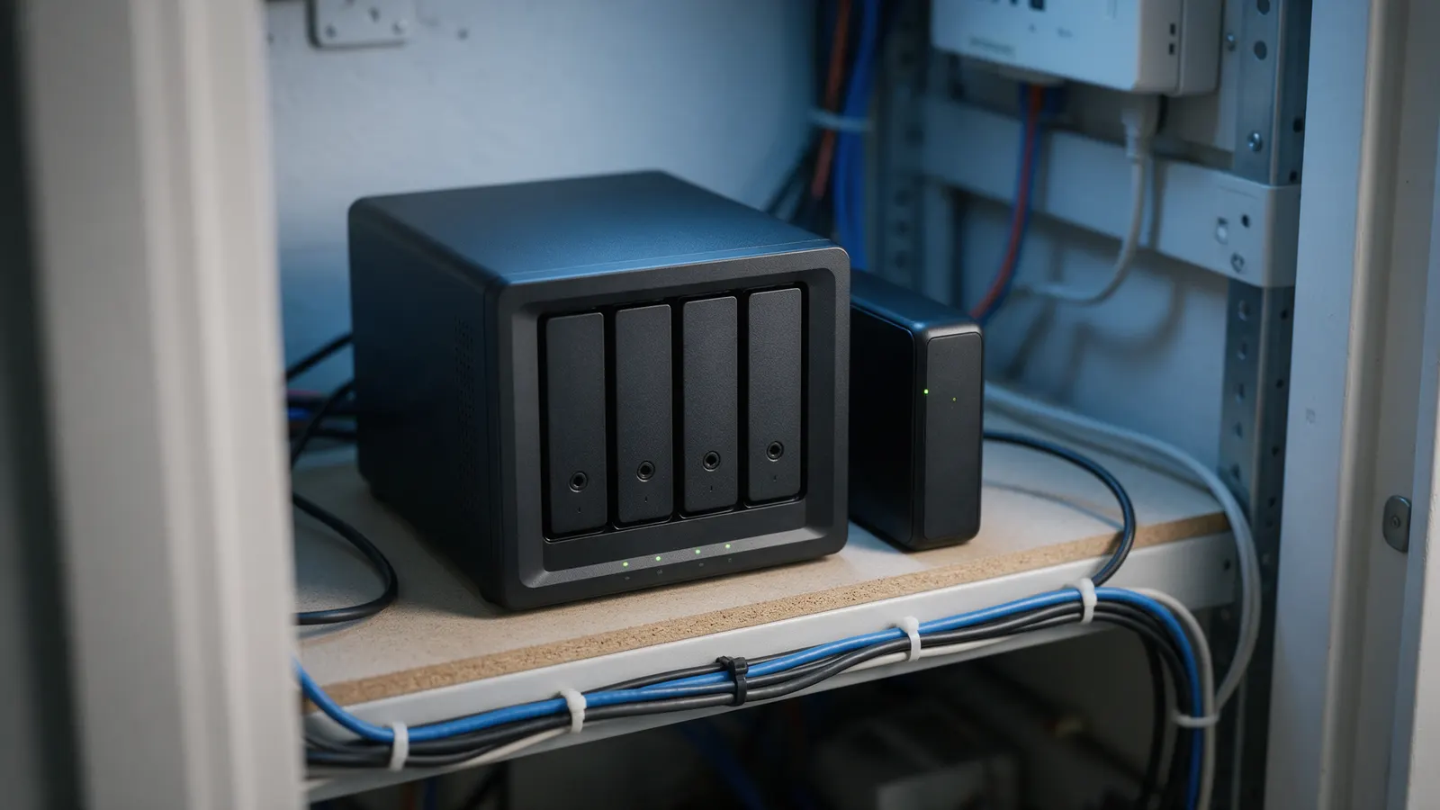 A small black network storage unit with four drive bays and green activity lights on a shelf in an office comms cupboard, an external backup drive beside it