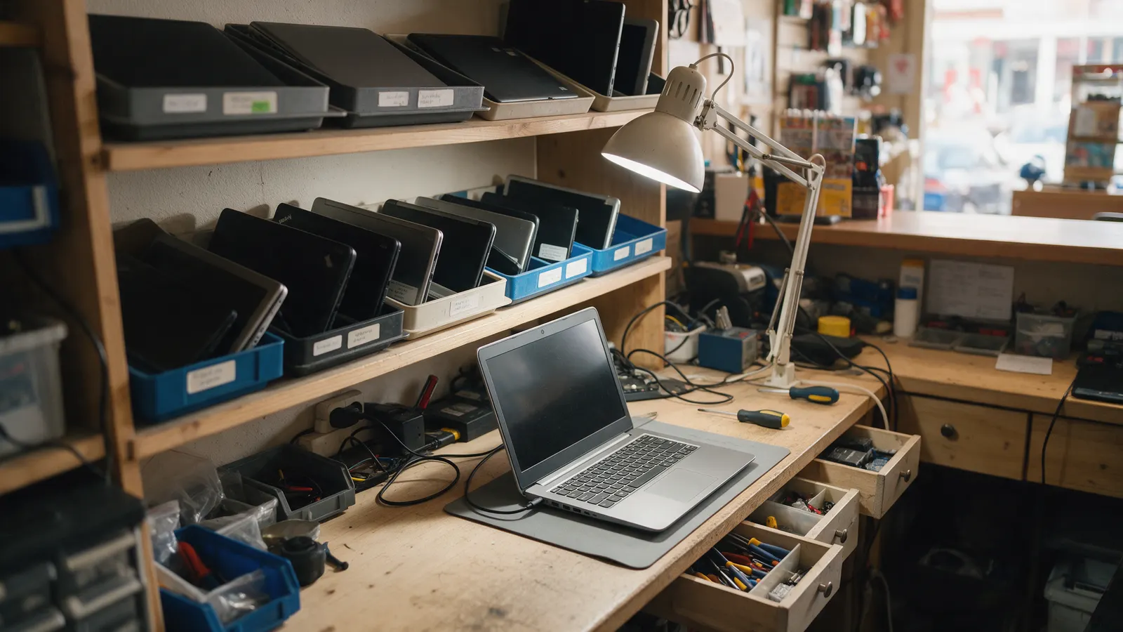 The repair bench on Castle Street with laptops racked on shelves, one open on an anti-static mat under a lamp