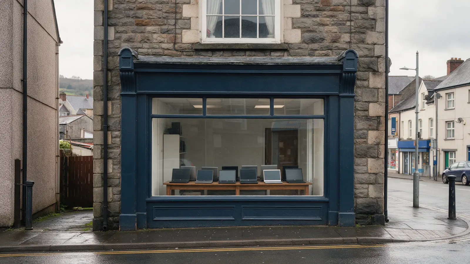 The shop at 18 Castle Street, Merthyr Tydfil: a stone-fronted Victorian building with a dark navy shopfront and laptops on the bench in the window