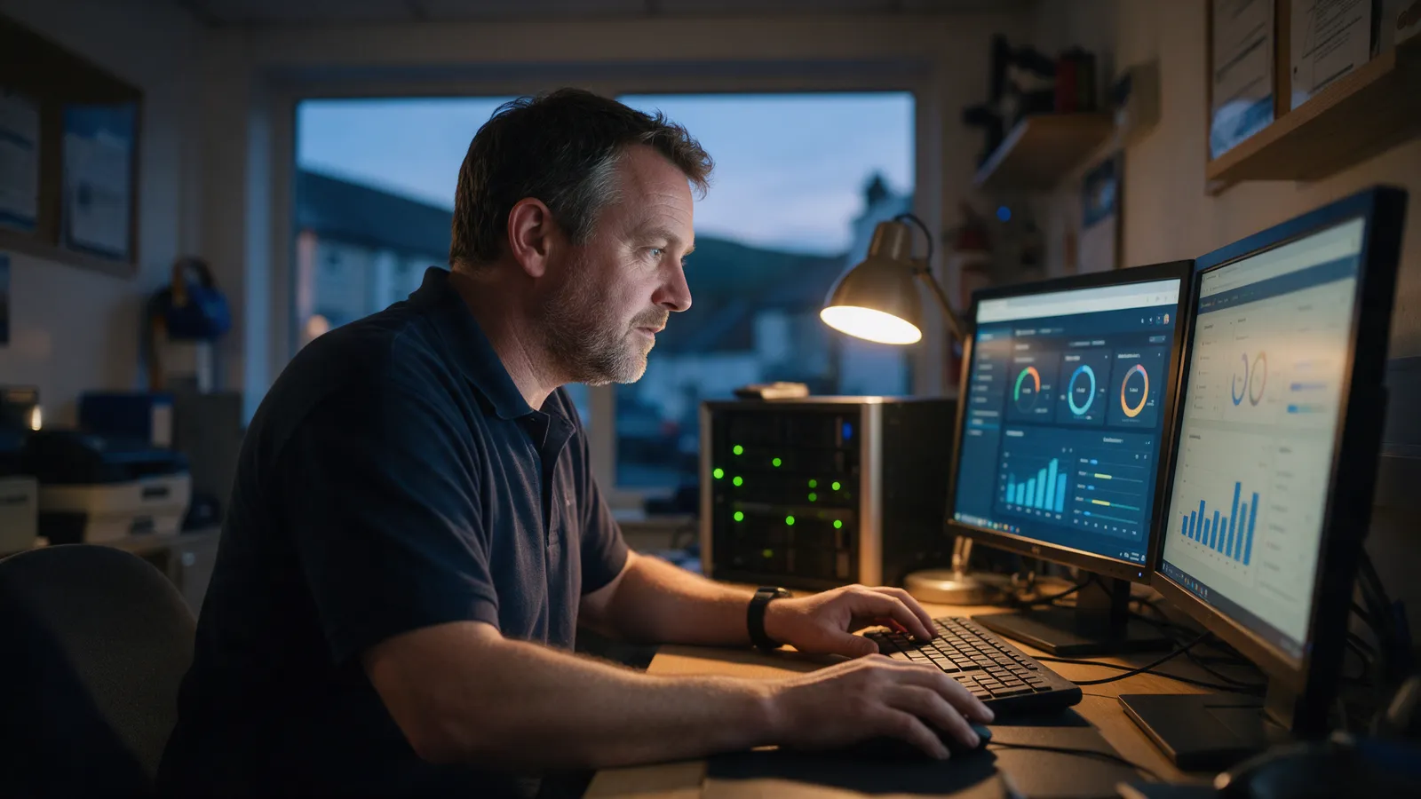 Rhys at a desk with two monitors showing dashboards and a small server rack with green status lights, in the Castle Street office at dusk