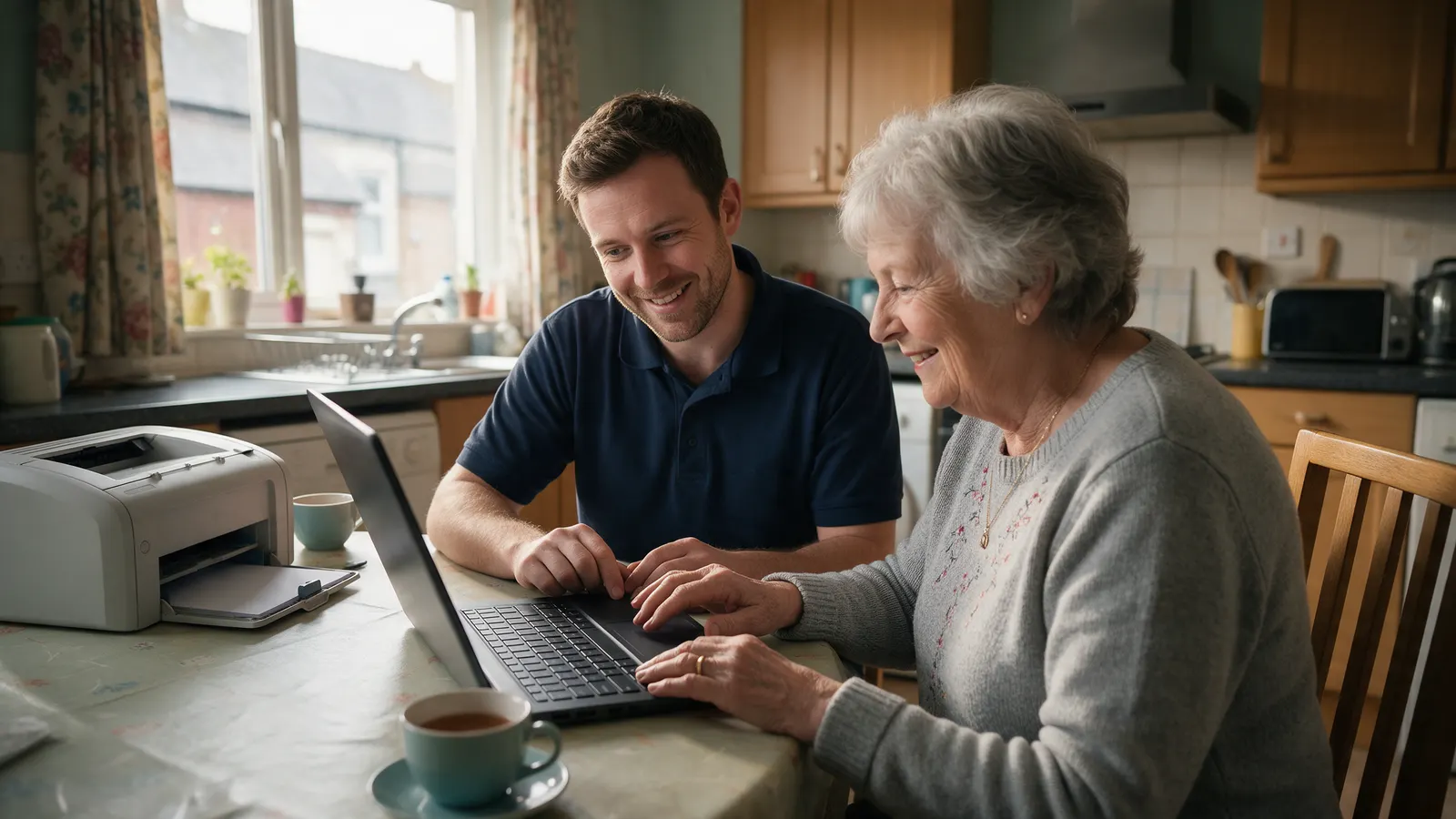 A technician sitting at a kitchen table with an older woman, setting up her new laptop and printer while she watches