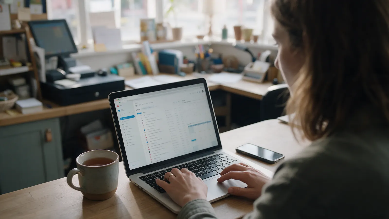 A woman working at a laptop at a tidy desk in a small back office, an email inbox and calendar blurred on the screen, a mug of tea and a phone beside the laptop