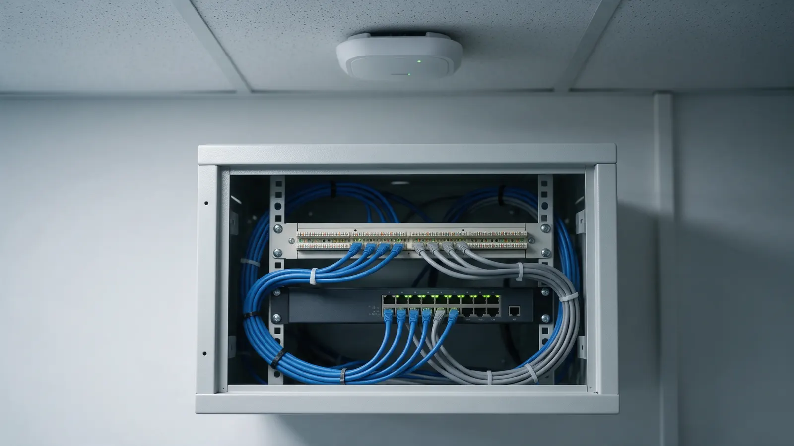 A small office network cabinet with a patch panel, a switch with green link lights and neatly tied blue and grey cables