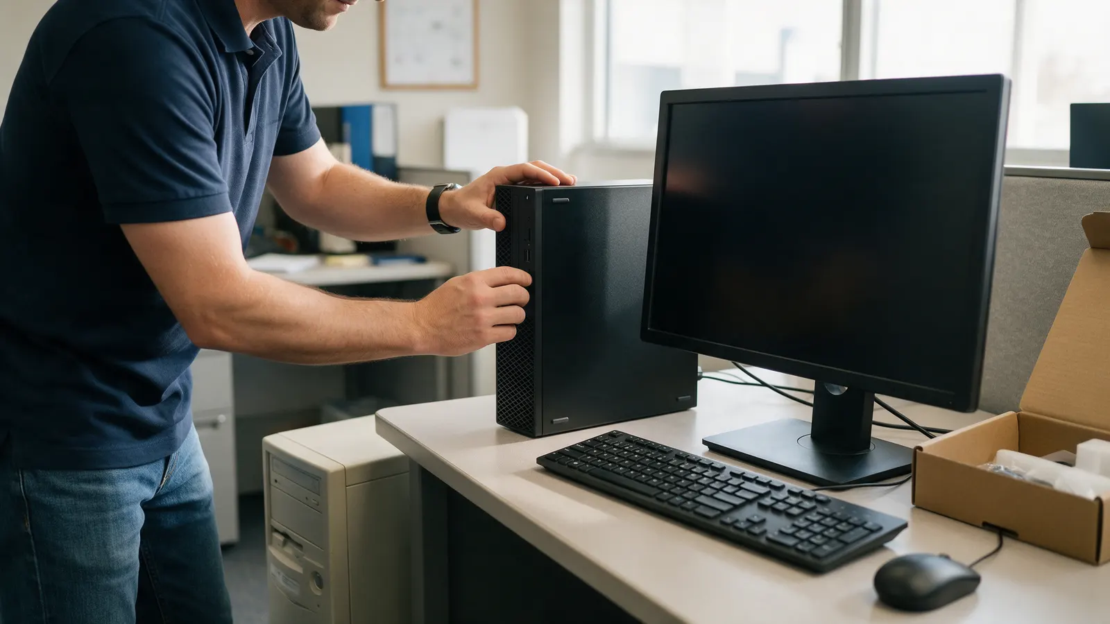 A technician setting up a new slim desktop computer and monitor on an office desk, an unboxed keyboard and the old tower beside it