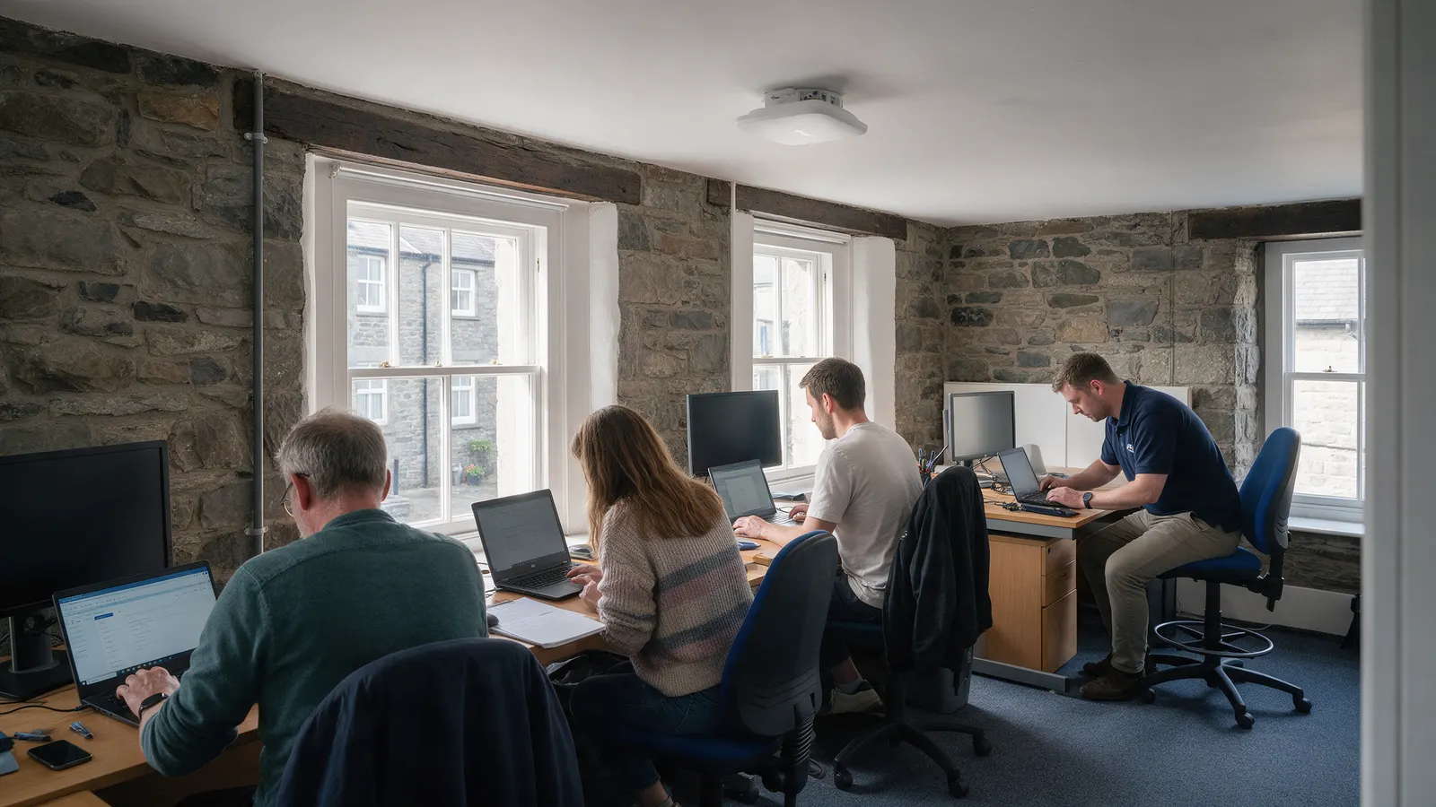 A small Merthyr office with four people at desks and a ceiling Wi-Fi access point, a technician checking a laptop at the end desk