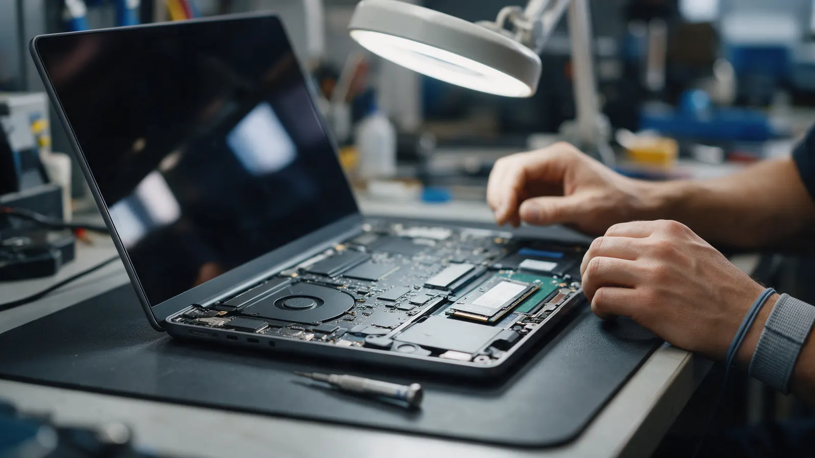 An opened laptop on an anti-static repair mat with the bottom panel removed, a replacement SSD and a precision screwdriver beside it, and a technician's hands