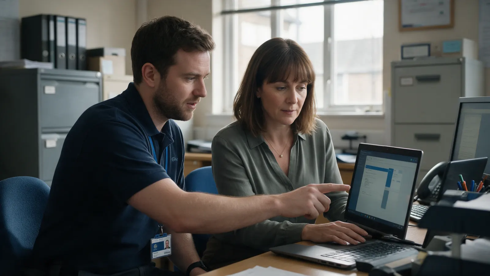 An IT technician in a navy polo shirt sitting beside an office worker at her desk, pointing at a laptop screen while explaining, filing cabinets and a window behind