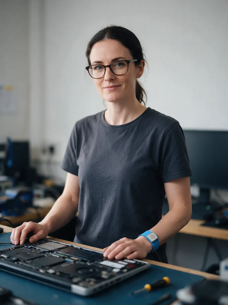 Ceri Lloyd, a slim woman in her early thirties with dark hair tied back and glasses, in a charcoal t-shirt and anti-static wrist strap at a repair bench