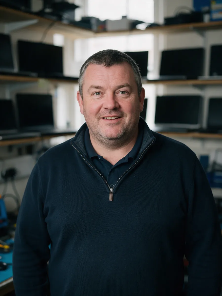 Rhys Pugh, a stocky man in his forties with short greying dark hair and stubble, in a navy quarter-zip jumper in the workshop with laptops on shelves behind him