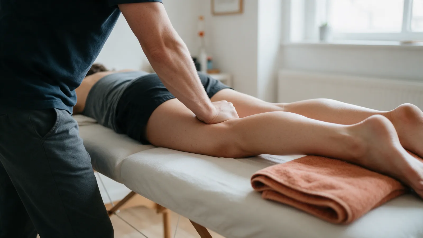 A therapist using a forearm to apply deep tissue pressure along the hamstring of a client lying face down on a treatment couch, a clay-orange towel at the end of the couch