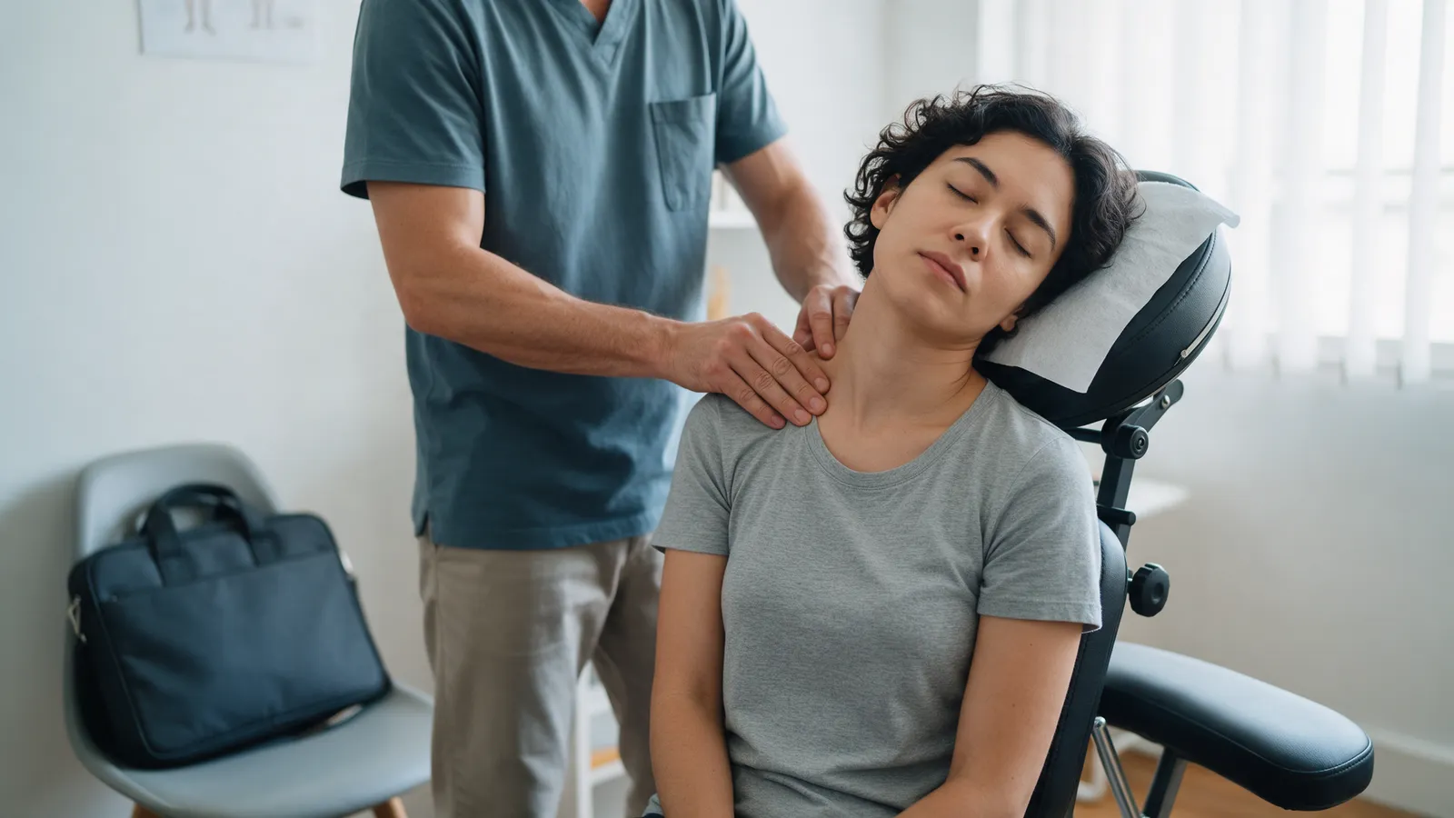 A therapist treating the neck and shoulders of an office worker seated upright on a massage chair in a bright clinic room, a laptop bag on a chair nearby