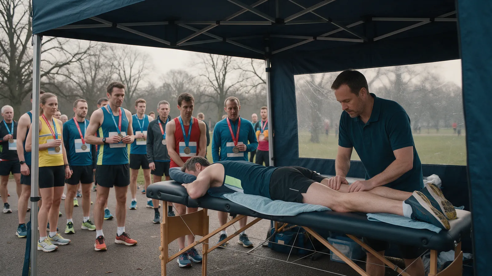 A pop-up gazebo at the finish area of a half marathon on a grey morning with two portable couches, a therapist treating a runner's legs and runners with medals queuing