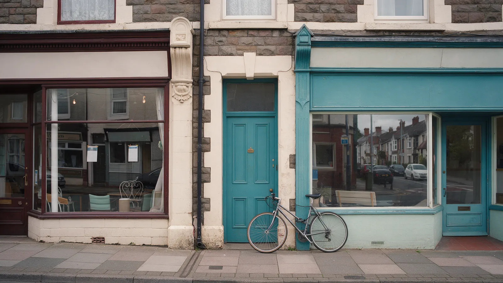 A Victorian parade of shops on a Cardiff suburban high street with a teal-painted street door between two shopfronts, a brass bell plate and a bicycle leaning by the door