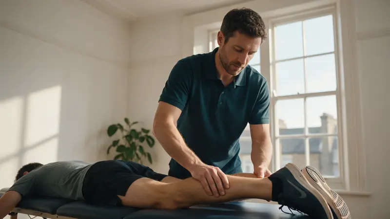 A sports massage therapist in a dark teal polo shirt working on the calf of a runner lying face down on a treatment couch, a tall sash window and a plant behind