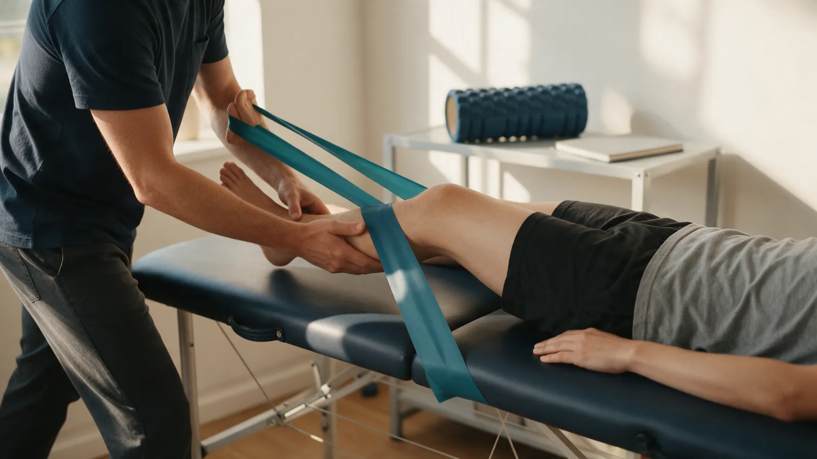 A sports therapist guiding a client through a knee rehabilitation exercise with a resistance band on a treatment couch in a bright clinic room
