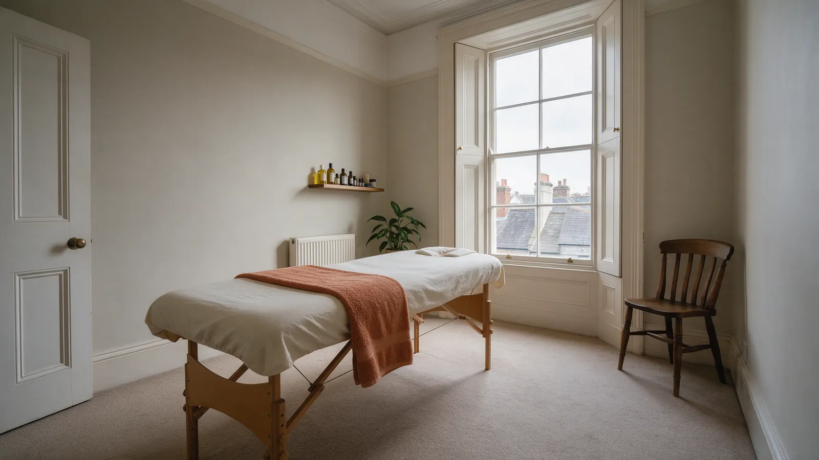 An empty sports massage treatment room on a second floor: a treatment couch with a bone-white cover and a clay-orange towel, a tall sash window onto rooftops