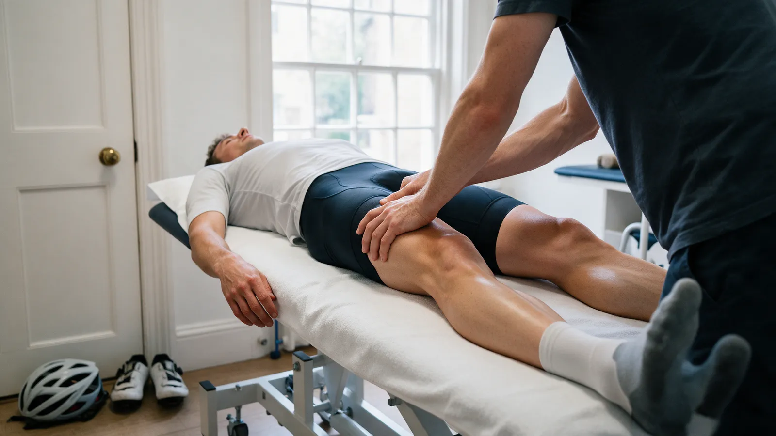 A cyclist in lycra shorts lying face up on a treatment couch while a therapist works on the quadriceps, a road bike helmet and cycling shoes on the floor by the door