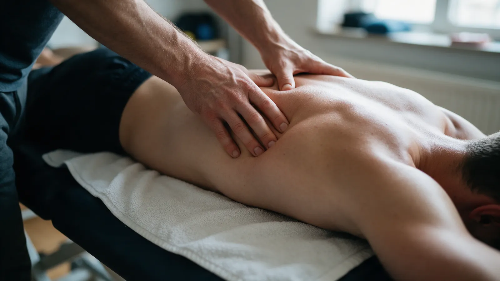 A therapist's hands working deep into the upper back and shoulder of an athlete lying face down on a treatment couch, a bone-white towel, soft window light