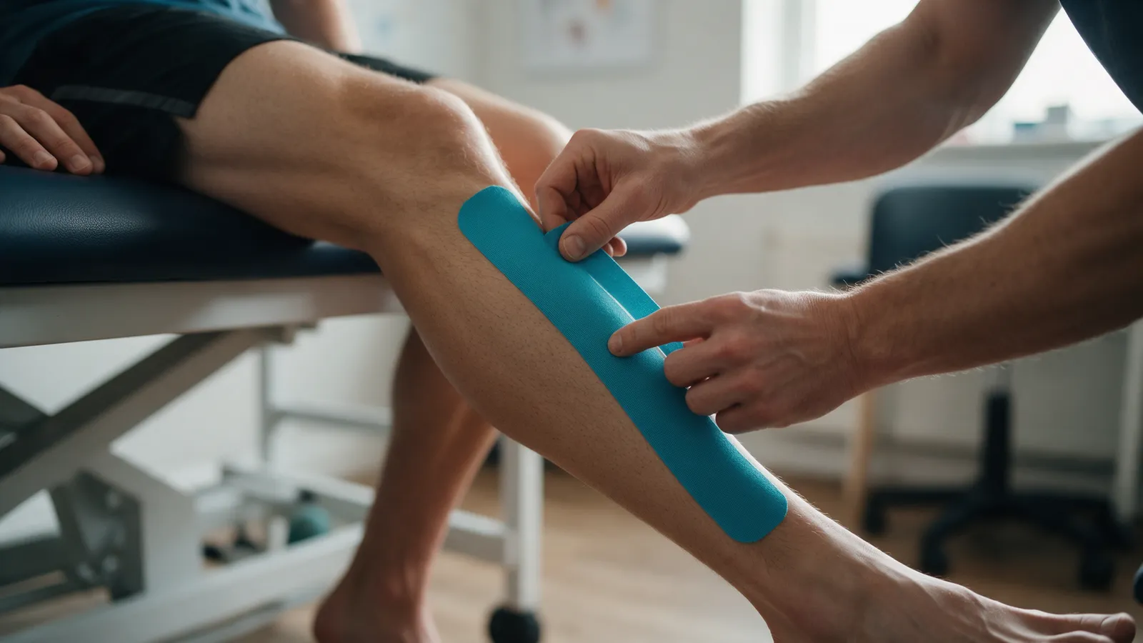 A therapist applying teal kinesiology tape along a runner's calf, the runner seated on the edge of a treatment couch